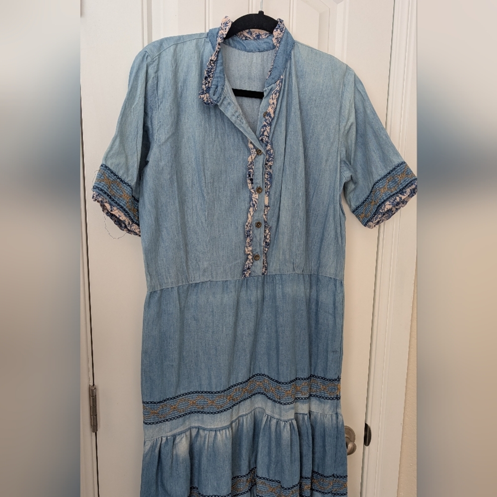 Lapis Blue Denim‎ Tiered Embroidered Maxi Dress M - Picture 2 of 15